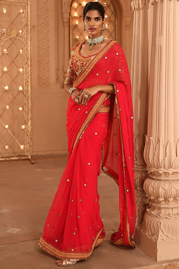 Red Zari Embroidered Saree Set by Mynah Designs By Reynu Tandon