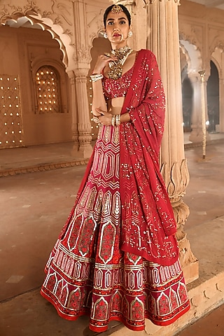 Red & Fuchsia Hand Embroidered Lehenga Set by Mynah Designs By Reynu Tandon