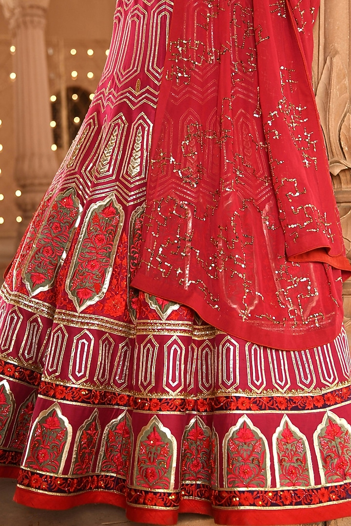Red & Fuchsia Hand Embroidered Bridal Lehenga Set by Mynah Designs By Reynu Tandon at Pernia's Pop Up Shop