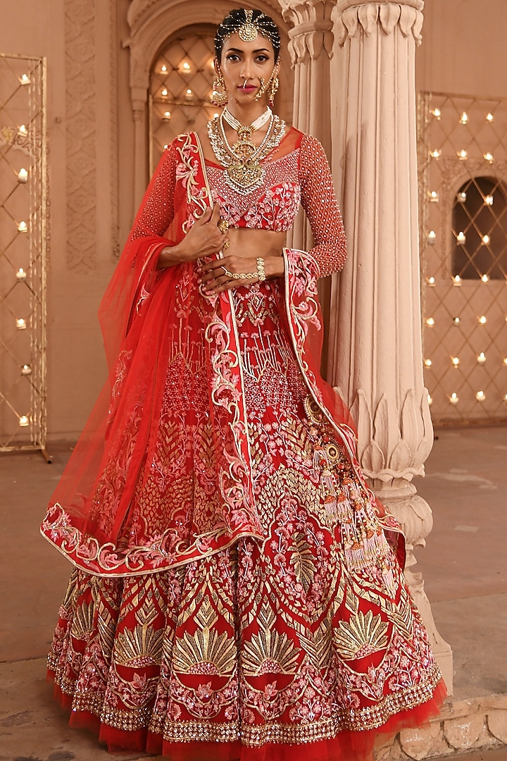 Red Hand Embellished Bridal Lehenga Set by Mynah Designs By Reynu Tandon at Pernia's Pop Up Shop