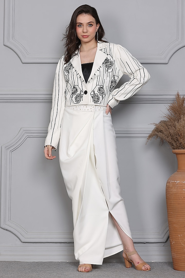 White Imported Crepe Draped Skirt Set by Midori by SGV