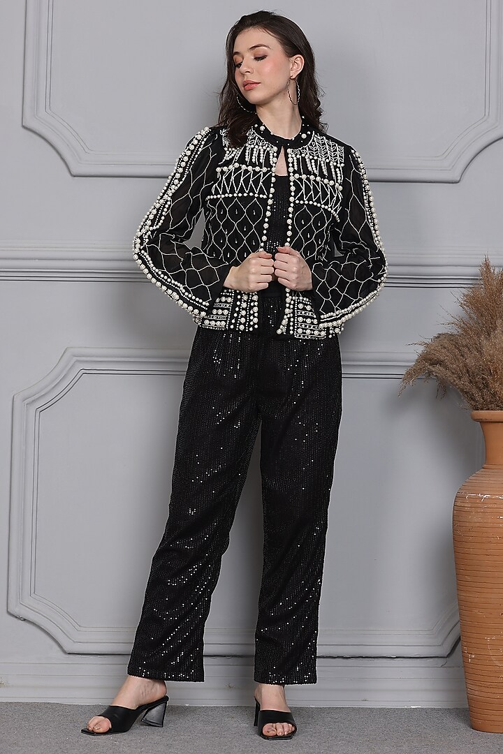 Black Organza Pearl Embellished Jacket by Midori by SGV at Pernia's Pop Up Shop