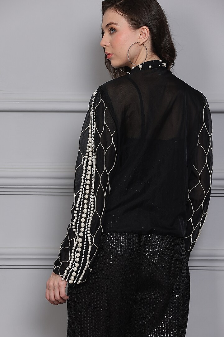 Black Organza Pearl Embellished Jacket by Midori by SGV at Pernia's Pop Up Shop