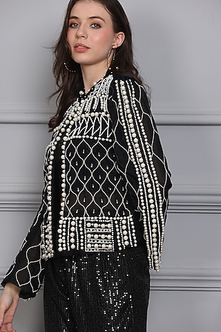 Black Organza Pearl Embellished Jacket by Midori by SGV