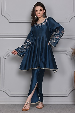 Teal Cotton Silk Chanderi Zari Embroidered Short Anarkali Set by Midori by SGV