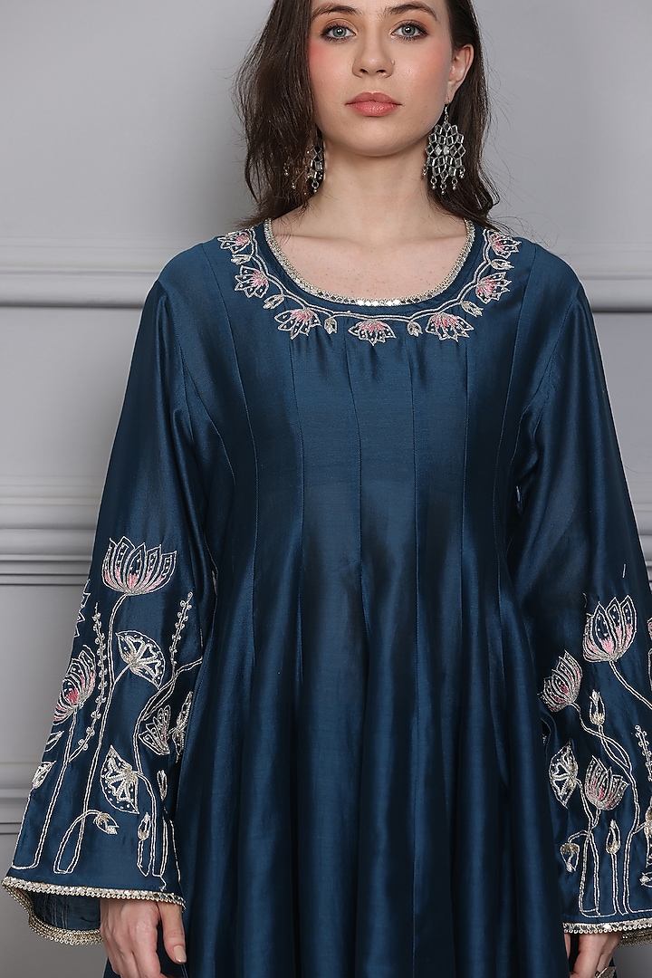 Teal Cotton Silk Chanderi Zari Embroidered Short Anarkali Set by Midori by SGV at Pernia's Pop Up Shop
