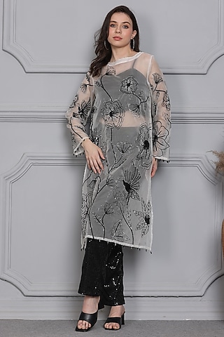 White Organza Zari Embroidered Tunic Set by Midori by SGV