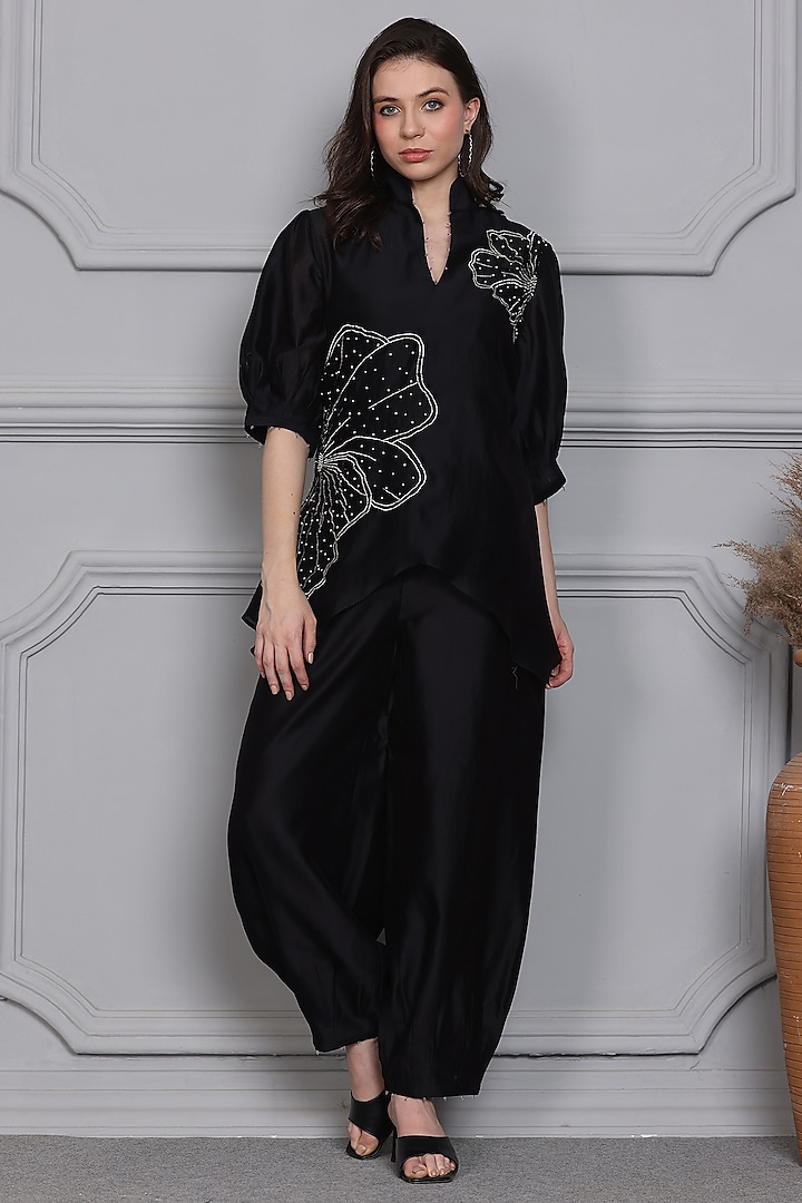 Black Cotton Silk Chanderi Zari Embroidered Tunic Set by Midori by SGV
