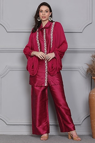 Hot Pink Raw Silk Pearl Embellished Co-Ord Set by Midori by SGV