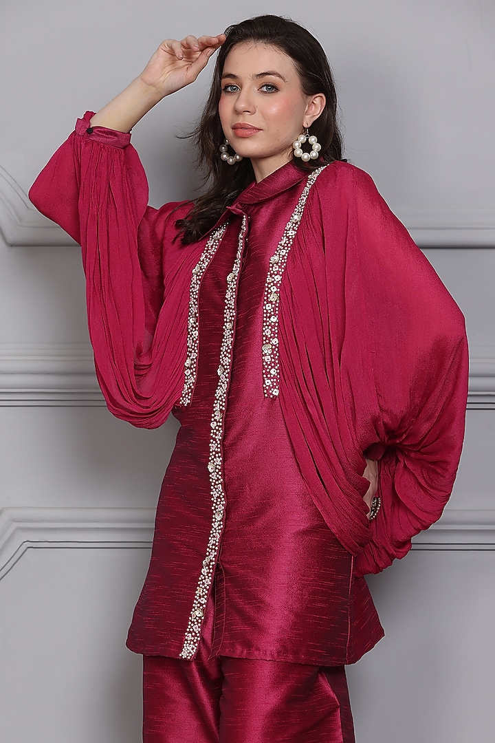 Hot Pink Raw Silk Pearl Embellished Co-Ord Set by Midori by SGV at Pernia's Pop Up Shop