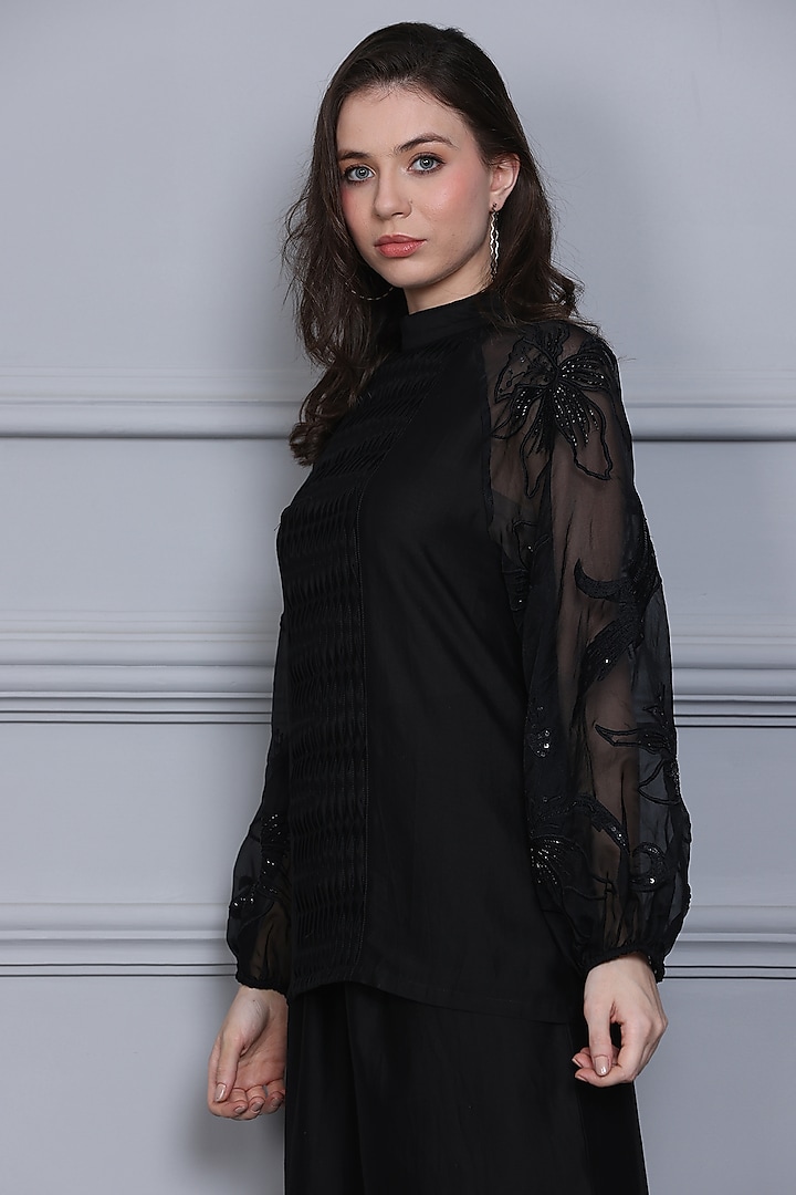Black Cotton Silk Chanderi Resham Embroidered Co-Ord Set by Midori by SGV at Pernia's Pop Up Shop