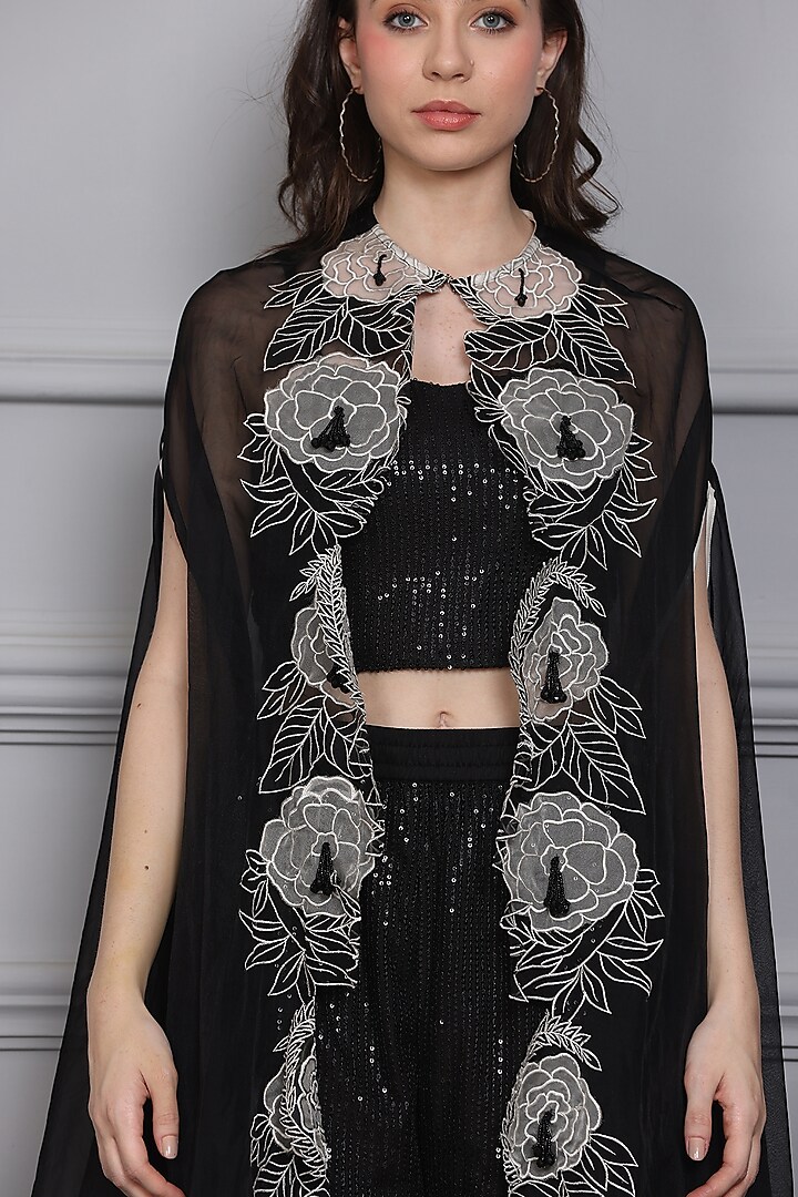 Black Organza Resham Embroidered Cape Set by Midori by SGV at Pernia's Pop Up Shop
