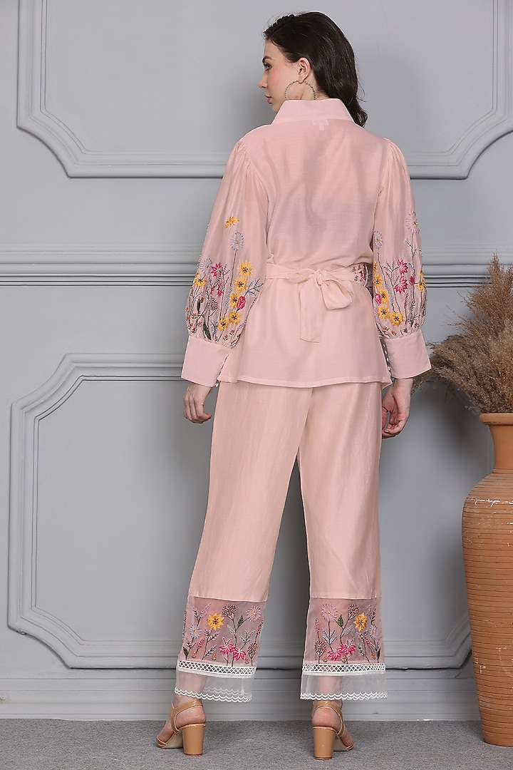 Pink Cotton Silk Chanderi Resham Floral Embroidered Co-Ord Set by Midori by SGV at Pernia's Pop Up Shop