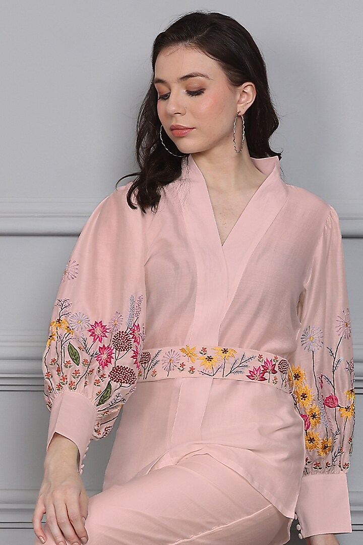 Pink Cotton Silk Chanderi Resham Floral Embroidered Co-Ord Set by Midori by SGV at Pernia's Pop Up Shop