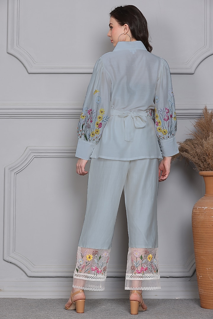 Blue Cotton Silk Chanderi Resham Floral Embroidered Co-Ord Set by Midori by SGV at Pernia's Pop Up Shop