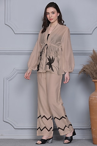Beige Cotton Silk Chanderi Resham Embroidered Co-ord Set by Midori by SGV