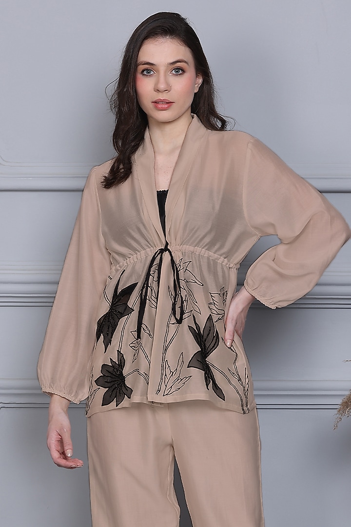 Beige Cotton Silk Chanderi Resham Embroidered Co-ord Set by Midori by SGV at Pernia's Pop Up Shop