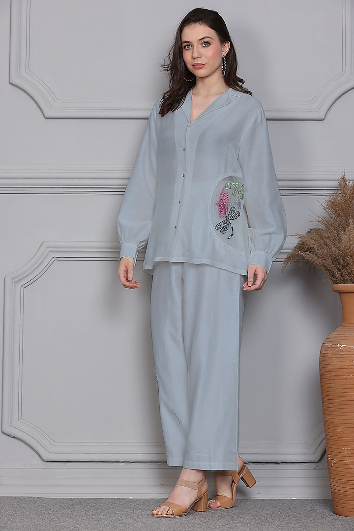Blue Cotton Silk Chanderi Embroidered Co-ord Set by Midori by SGV
