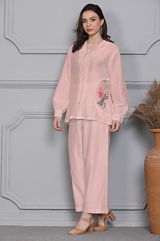 Pink Cotton Silk Chanderi Embroidered Co-ord Set by Midori by SGV