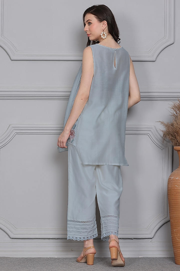 Blue Cotton Silk Chanderi Resham Embroidered Kurta Set by Midori by SGV at Pernia's Pop Up Shop