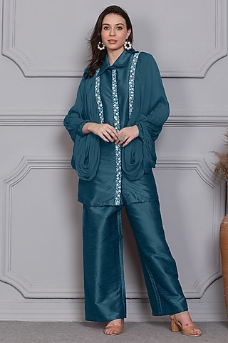 Blue Raw Silk Pearl Embellished Co-Ord Set by Midori by SGV