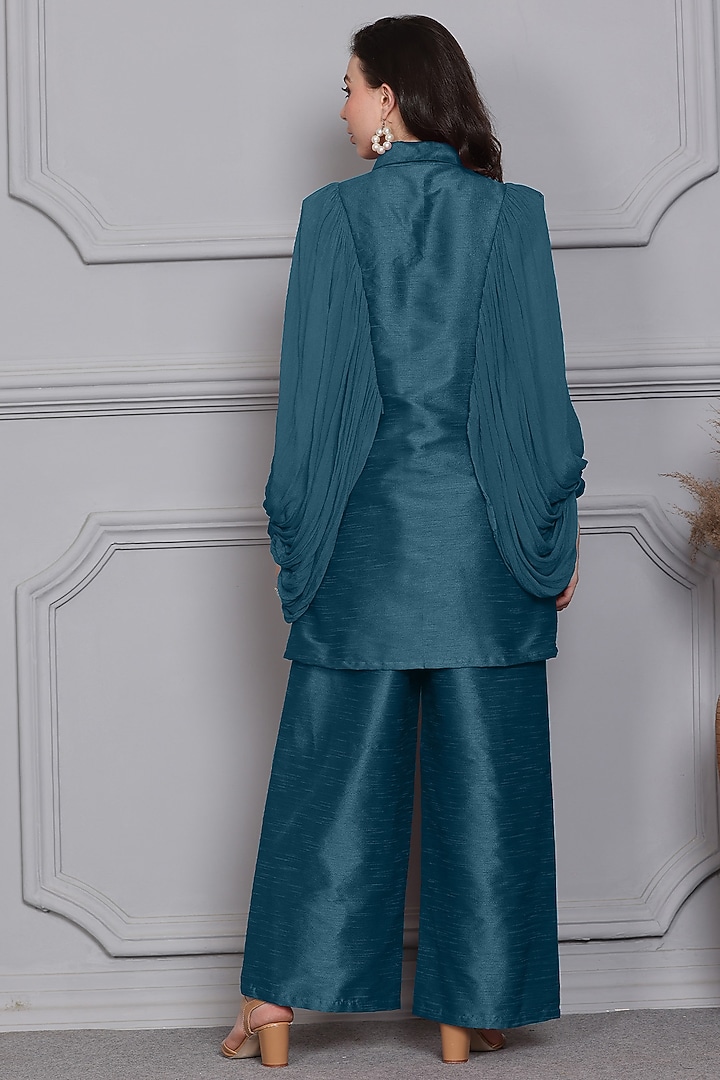 Blue Raw Silk Pearl Embellished Co-Ord Set by Midori by SGV at Pernia's Pop Up Shop