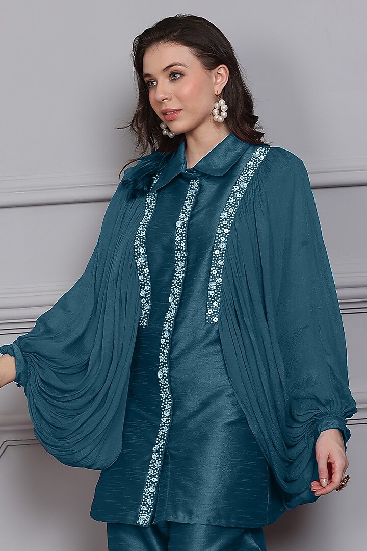Blue Raw Silk Pearl Embellished Co-Ord Set by Midori by SGV at Pernia's Pop Up Shop
