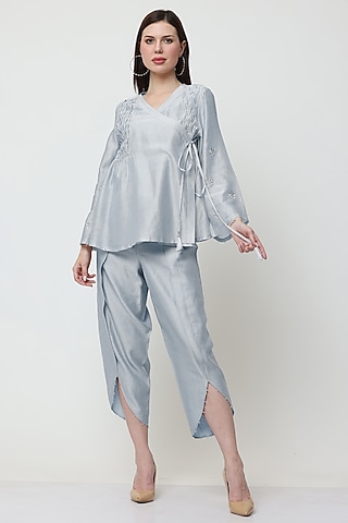 Blue Cotton Silk Chanderi Zari Embroidered Co-Ord Set by Midori by SGV