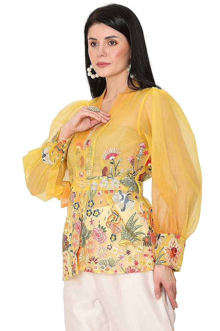 Yellow Organza Embroidered Wrapped Top by Midori by SGV