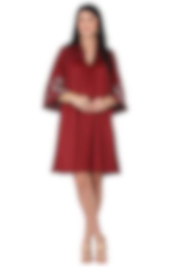 Maroon Imported Crepe Embroidered A-line Mini Dress by Midori by SGV