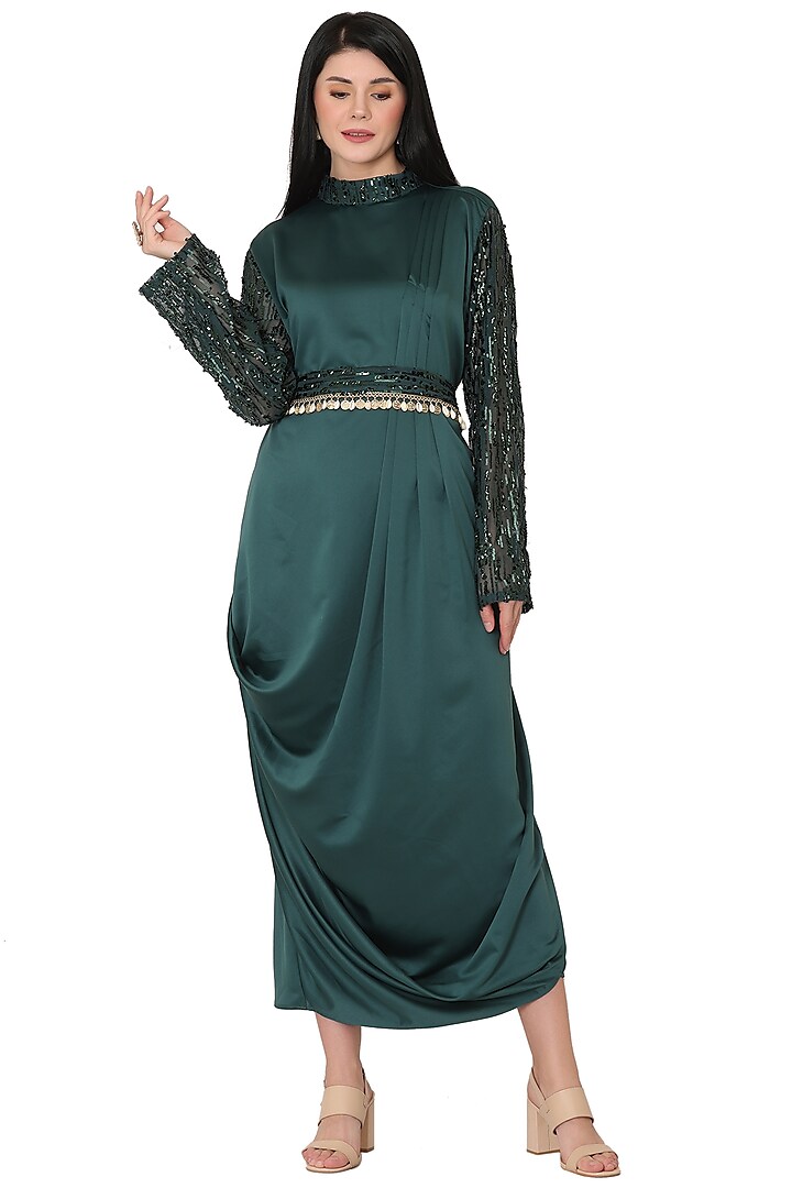 Emerald Green Imported Crepe Embroidered A-line Mini Dress by Midori by SGV