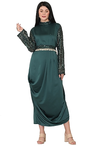 Emerald Green Imported Crepe Embroidered A-line Mini Dress by Midori by SGV