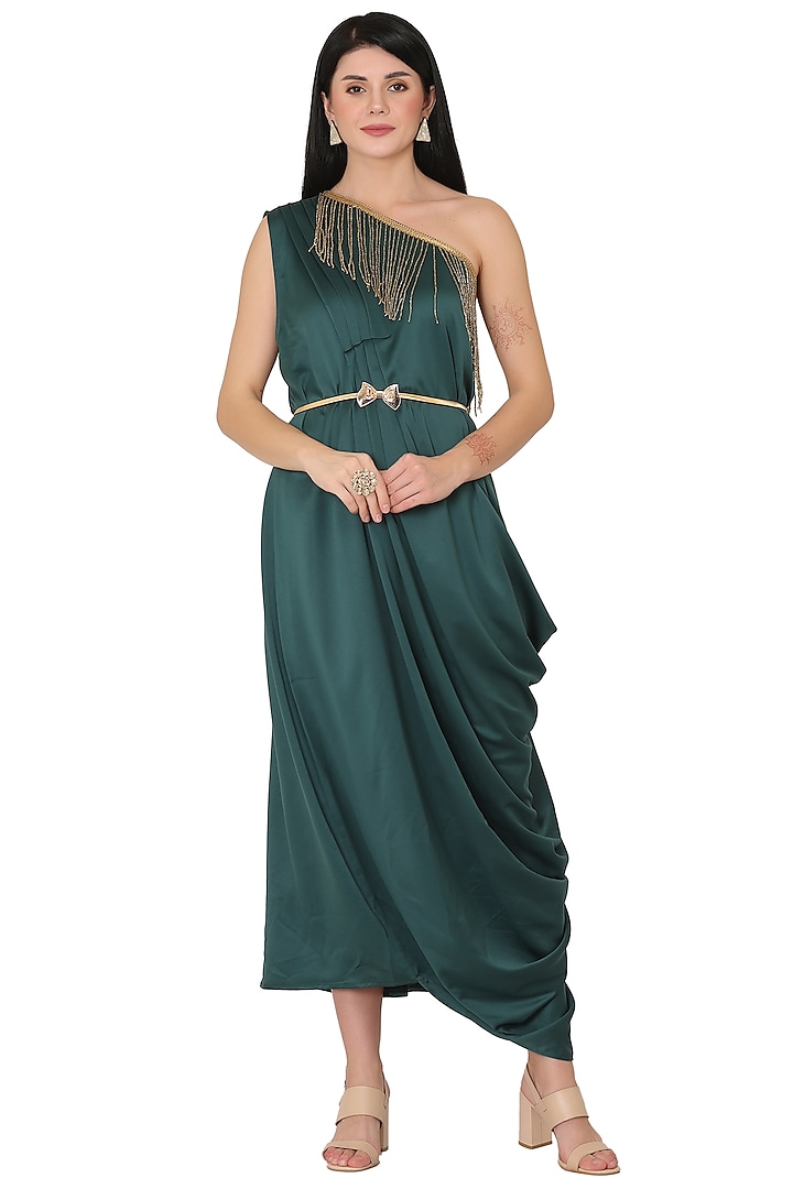 Emerald Green Imported Crepe One Shoulder Draped Dress by Midori by SGV