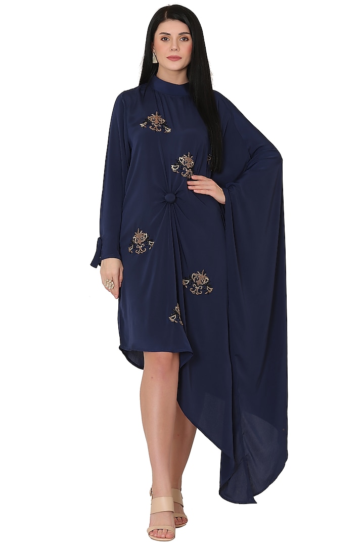 Blue Imported Crepe Embroidered Asymmetrical Dress by Midori by SGV