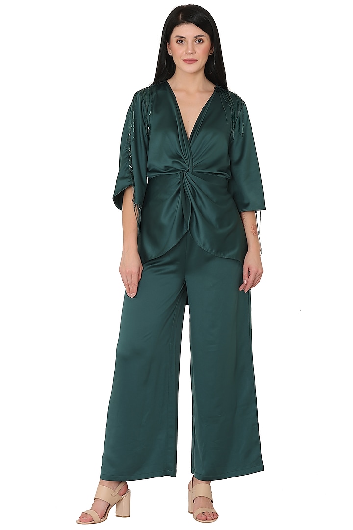 Emerald Green Imported Crepe Satin Pant Set by Midori by SGV
