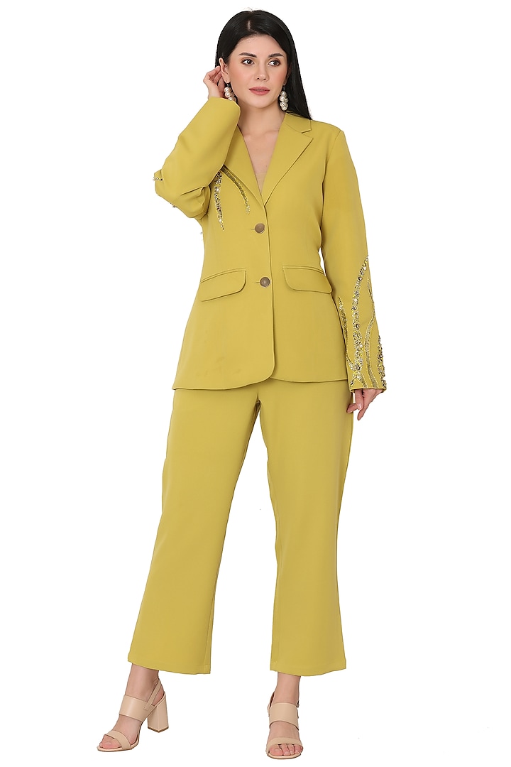 Lime Imported Crepe Embroidered Blazer Set by Midori by SGV