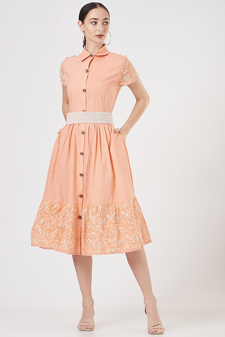Peach Embroidered Shirt Dress by Midori by SGV