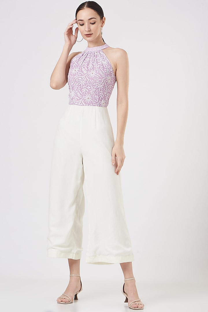 Mauve & White Embroidered Jumpsuit by Midori by SGV