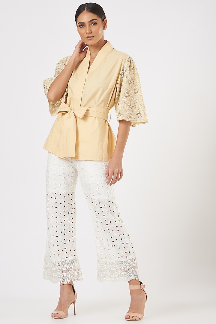 Beige Embroidered Wrap Top by Midori by SGV