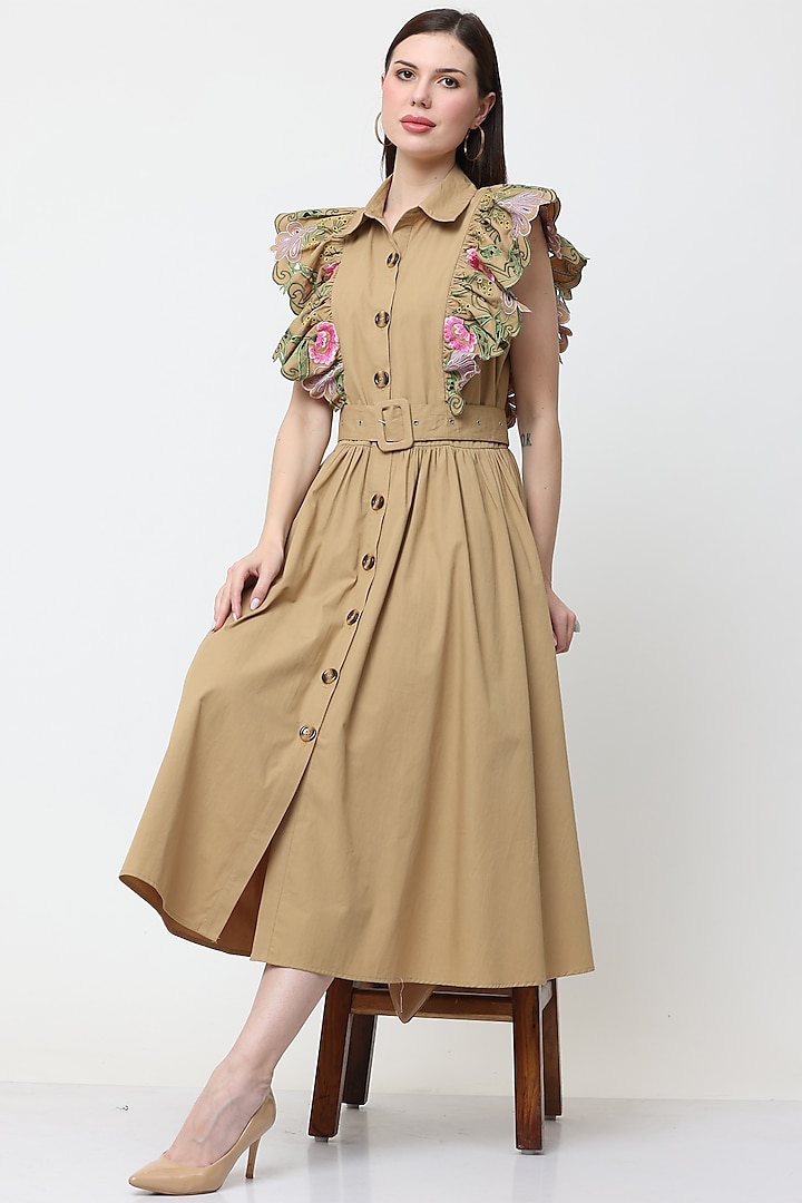 Tan Cotton Embroidered Button Down Dress by Midori by SGV at Pernia's Pop Up Shop