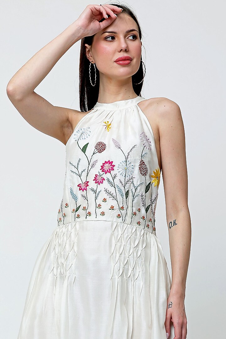 Off-White Cotton Chanderi Embroidered Summer Dress by Midori by SGV at Pernia's Pop Up Shop