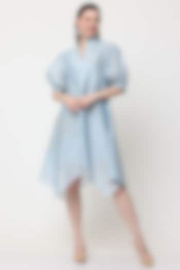 Blue Cotton Silk Chanderi Embroidered Asymmetric Summer Dress by Midori by SGV at Pernia's Pop Up Shop