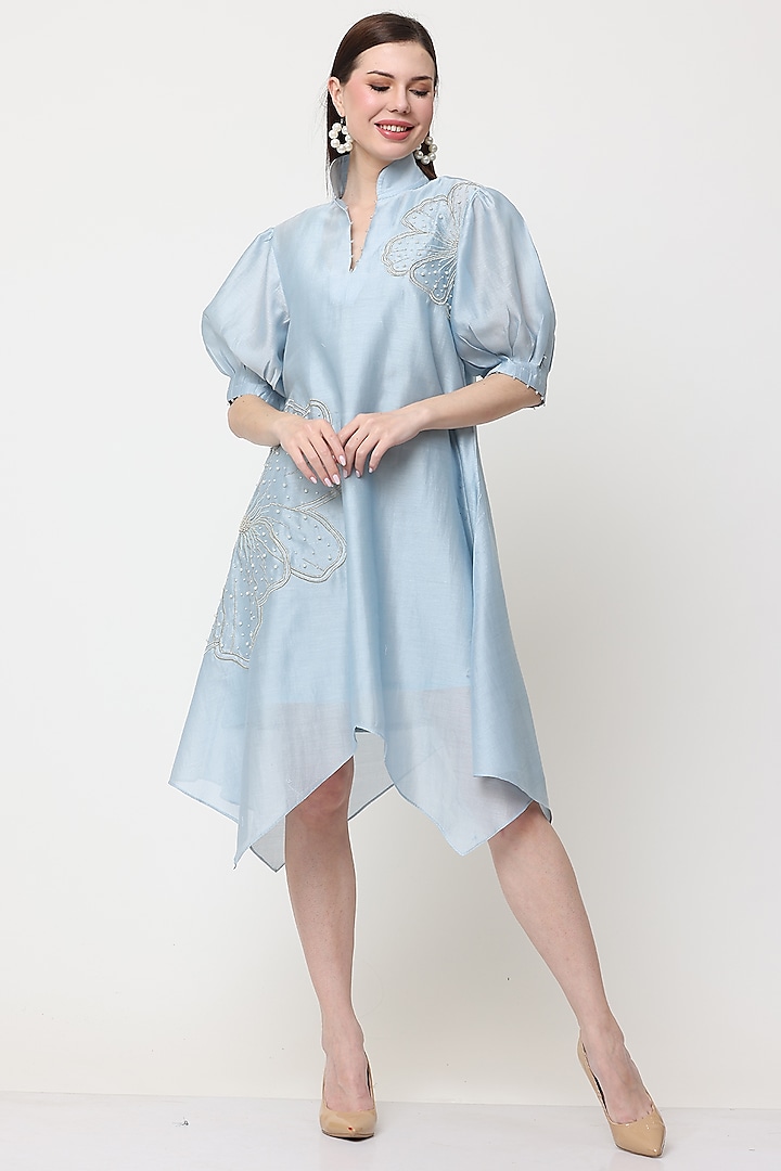 Blue Cotton Silk Chanderi Embroidered Asymmetric Summer Dress by Midori by SGV at Pernia's Pop Up Shop
