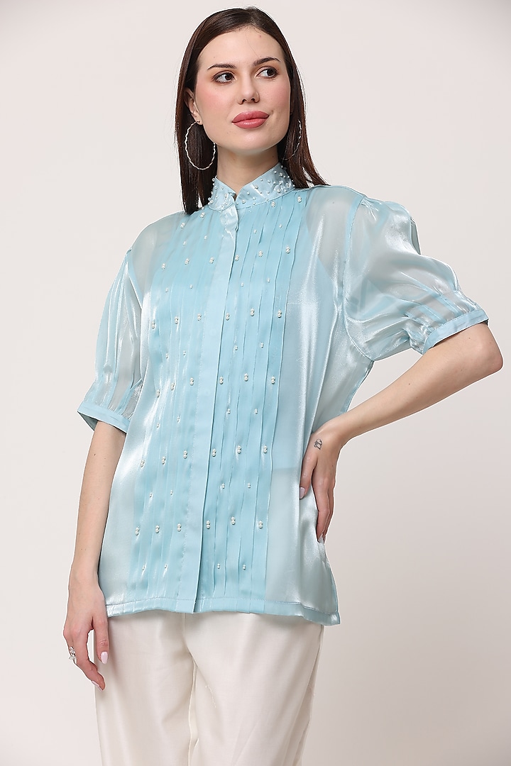 Sky Blue Organza Pintuck Shirt by Midori by SGV