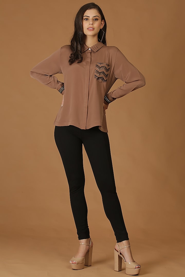 Brown Embroidered Pleated Shirt by Midori by SGV