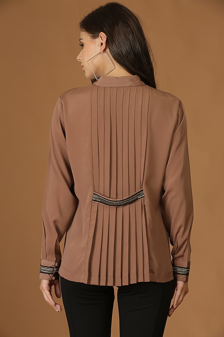 Brown Embroidered Pleated Shirt by Midori by SGV at Pernia's Pop Up Shop