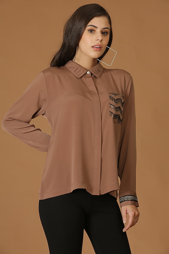 Brown Embroidered Pleated Shirt by Midori by SGV at Pernia's Pop Up Shop