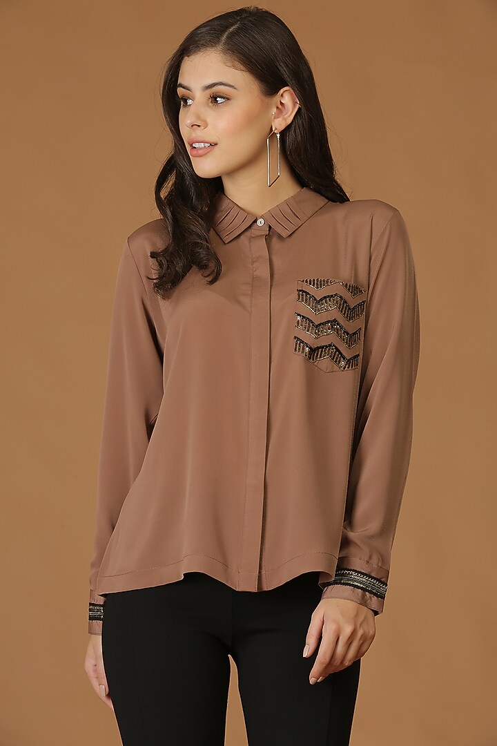 Brown Embroidered Pleated Shirt by Midori by SGV at Pernia's Pop Up Shop