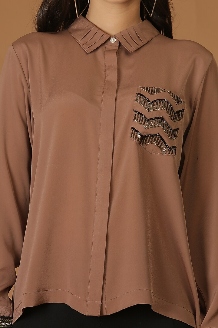 Brown Embroidered Pleated Shirt by Midori by SGV at Pernia's Pop Up Shop