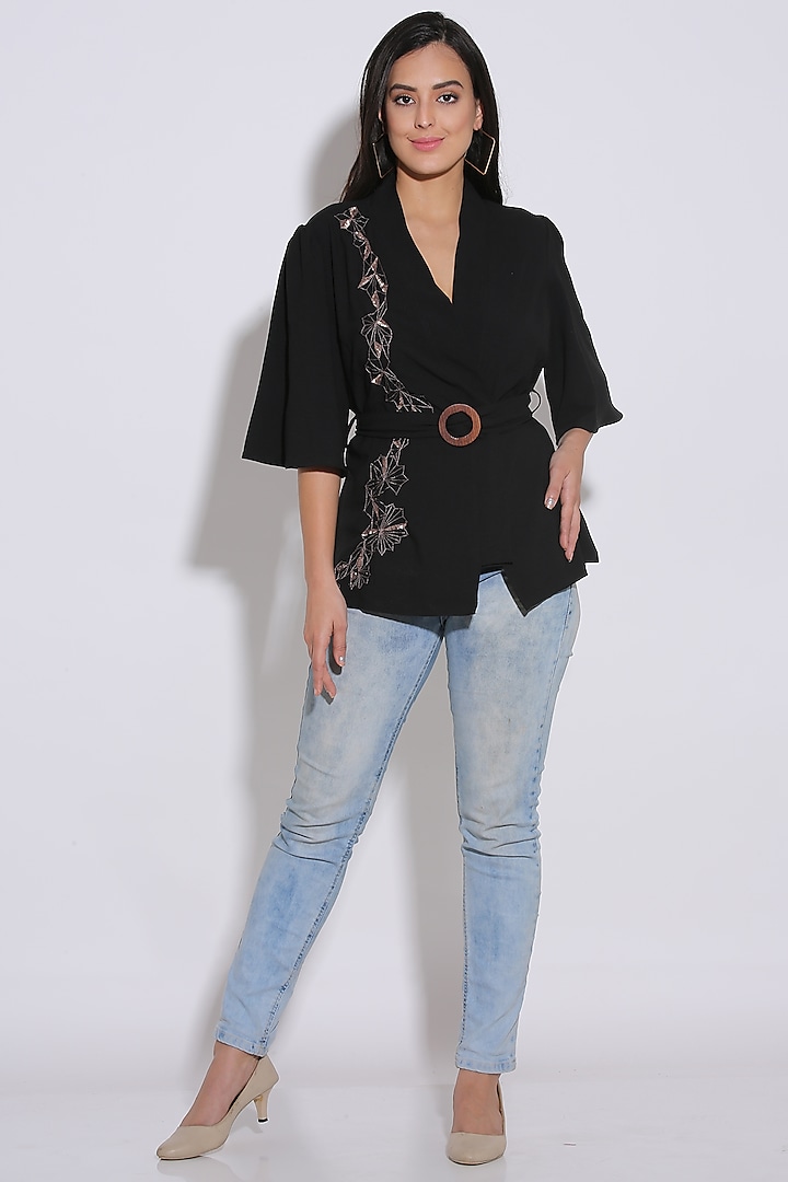 Black Embroidered Wrap Top by Midori by SGV